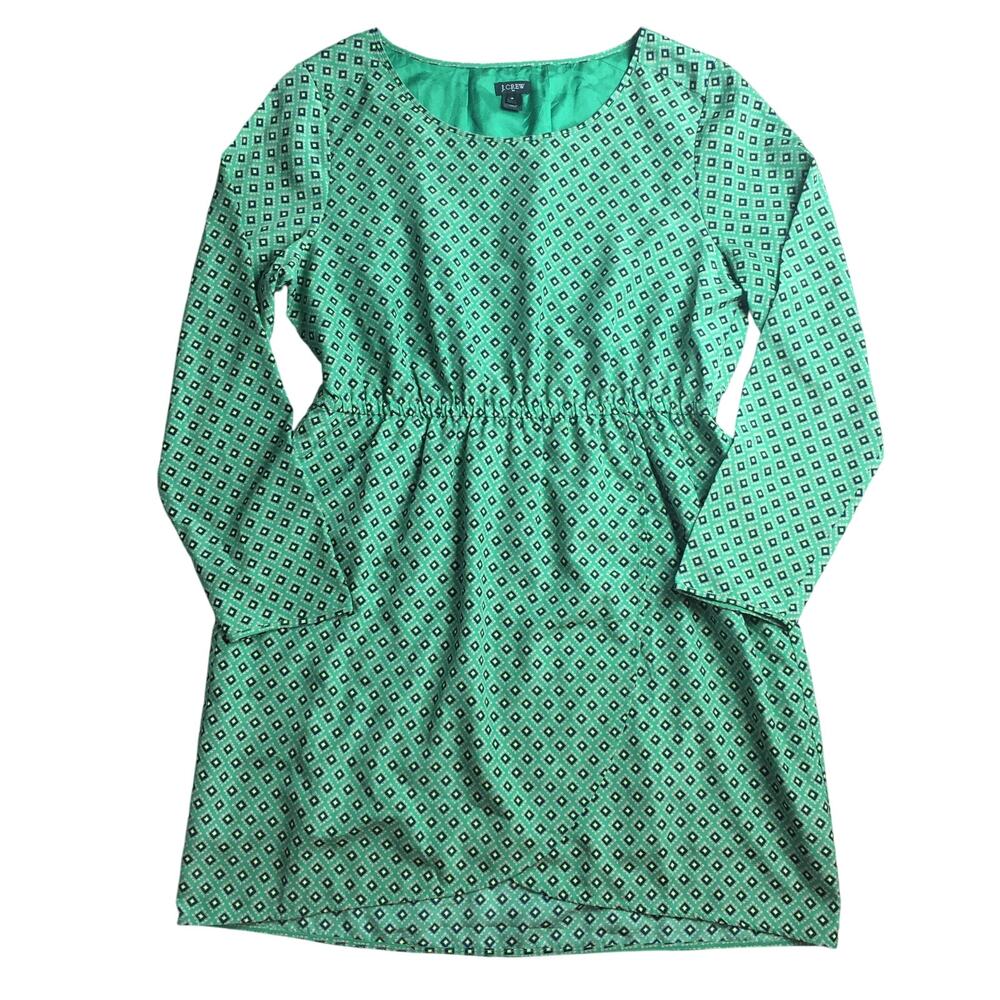 J Crew Dress Womens 14 Green Geometric Print Shift Lined Elastic Waist